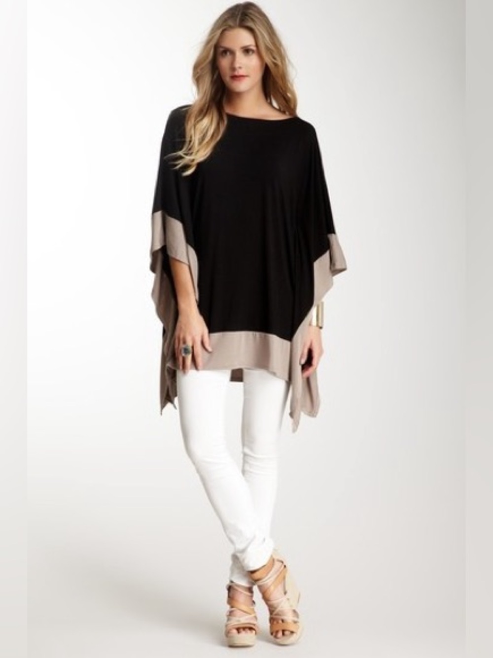 Michael Stars Tunic Poncho Black Taupe Light Beige Draped Mini Dress OSFM